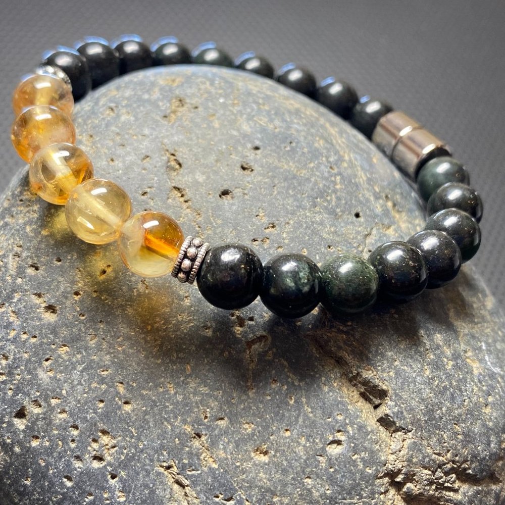 Men's Natural Citrine & Black Obsidian Jade Gemstone Beaded Bracelet 8mm